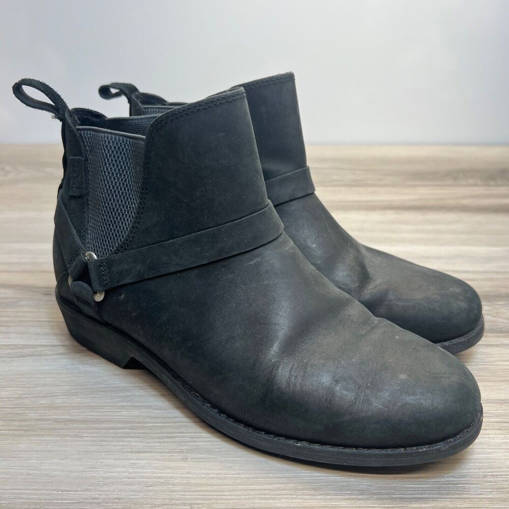 Teva Ellery Black Leather Pull On Ankle Chelsea Lug Boot 1108069 Women 8 Harness
